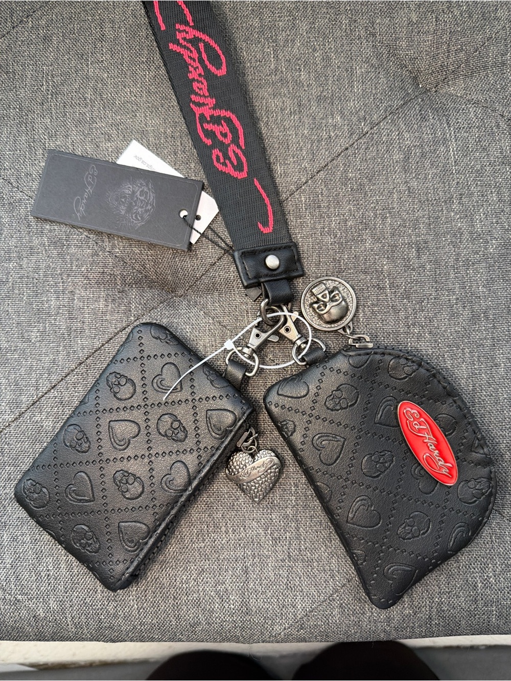 Ed Hardy Black Wristlet Key & Card Set with Red Logo Accent